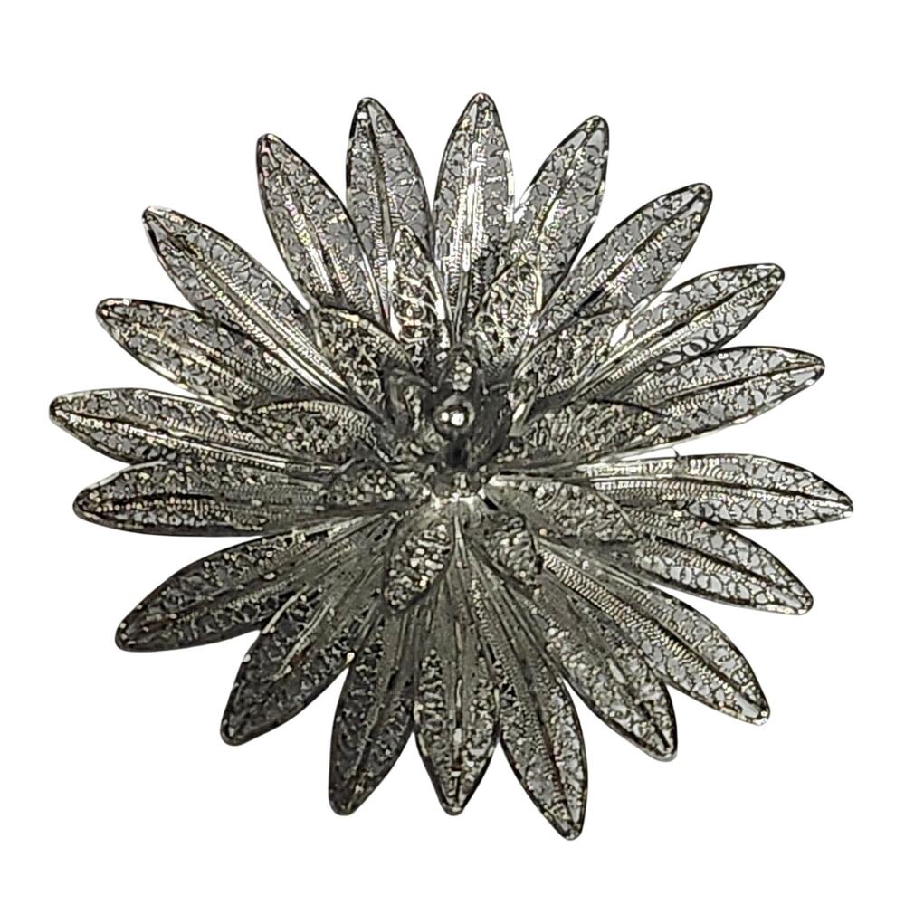 Vintage Van Lou Sterling Silver Filigree Flower Large Statement Pin Brooch